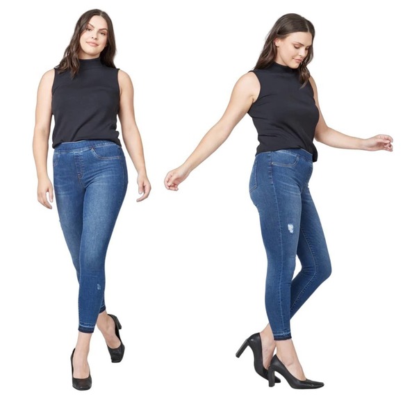 SPANX Distressed Ankle Skinny Released Hem Jeans in Medium Wash Size Large - Picture 1 of 10